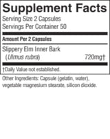 A close-up of a supplement facts label showing 'Supplement Facts' for 'Slippery Elm Inner Bark (Ulmus rubra)' with 720mg listed, on a white background.
