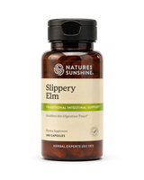 A bottle of Natures Sunshine Slippery Elm dietary supplement, containing 100 capsules, on a clean white background.