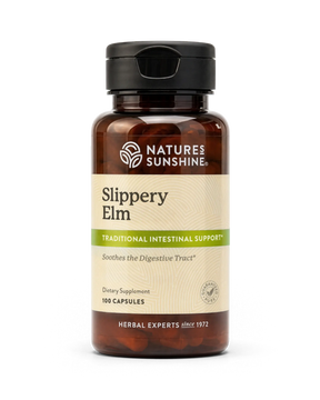 A bottle of Natures Sunshine Slippery Elm dietary supplement, containing 100 capsules, on a clean white background.