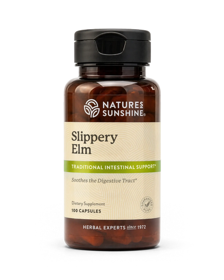 A bottle of Natures Sunshine Slippery Elm dietary supplement, containing 100 capsules, on a clean white background.