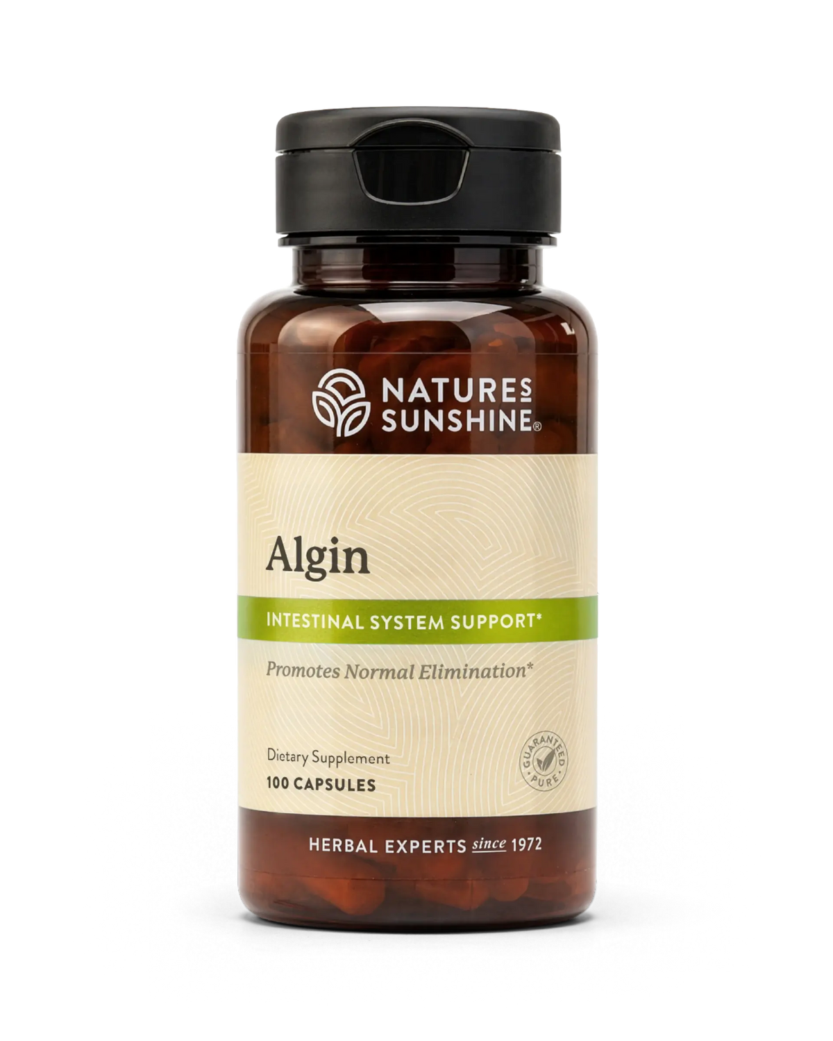 A bottle of Nature's Sunshine Algin dietary supplement with a black cap and a beige label, containing 100 capsules, shown on a white background.