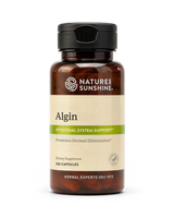 A bottle of Nature's Sunshine Algin dietary supplement with a black cap and a beige label, containing 100 capsules, shown on a white background.