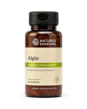 A bottle of Nature's Sunshine Algin dietary supplement with a black cap and a beige label, containing 100 capsules, shown on a white background.