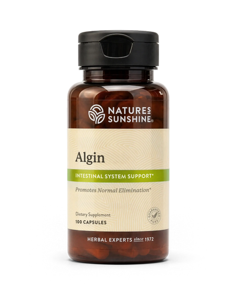 A bottle of Nature's Sunshine Algin dietary supplement with a black cap and a beige label, containing 100 capsules, shown on a white background.