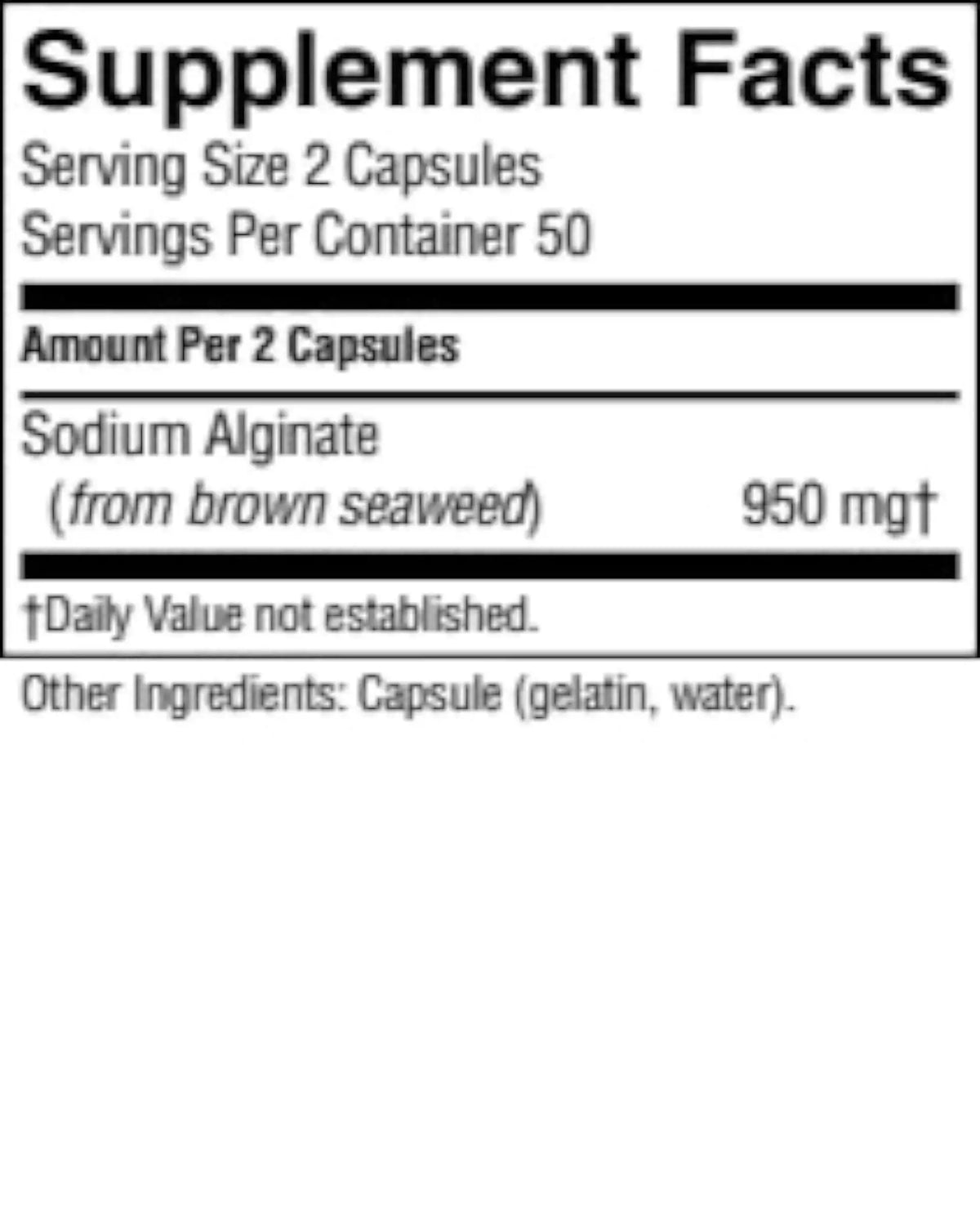 A close-up of a supplement facts label showing 'Supplement Facts' with 'Sodium Alginate (from brown seaweed)' and '950 mg'.