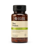A bottle of Nature's Sunshine Bee Pollen dietary supplement, containing 100 capsules, shown on a clean white background.