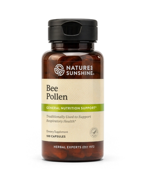 A bottle of Nature's Sunshine Bee Pollen dietary supplement, containing 100 capsules, shown on a clean white background.