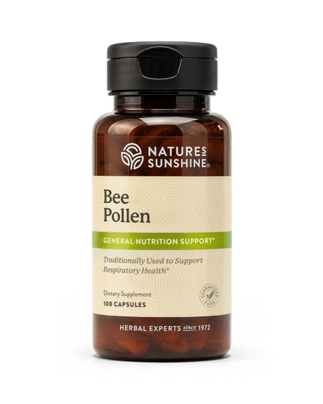 A bottle of Nature's Sunshine Bee Pollen dietary supplement, containing 100 capsules, shown on a clean white background.