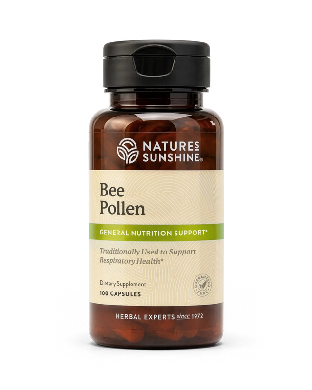 A bottle of Nature's Sunshine Bee Pollen dietary supplement, containing 100 capsules, shown on a clean white background.