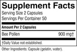 A Supplement Facts label showing bee pollen information: serving size 2 capsules, servings per container 50, amount per 2 capsules 900 mg, and other ingredients listed as capsule (gelatin, water).