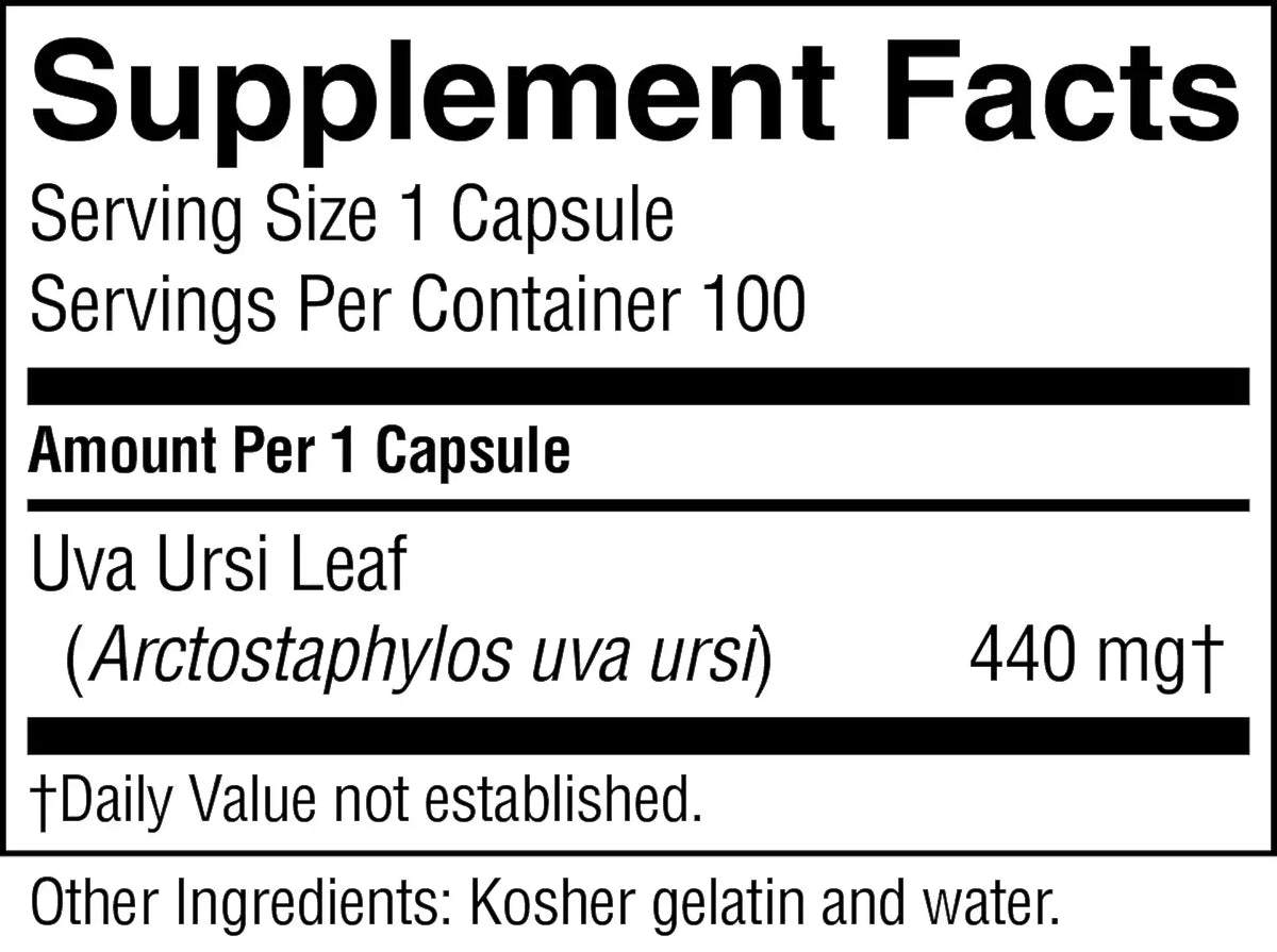 A Supplement Facts label showing serving size 1 capsule, 100 servings per container, and Uva Ursi Leaf at 440 mg. Other ingredients listed are kosher gelatin and water.