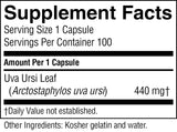 A Supplement Facts label showing serving size 1 capsule, 100 servings per container, and Uva Ursi Leaf at 440 mg. Other ingredients listed are kosher gelatin and water.