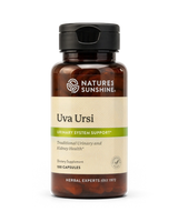 A bottle of Nature's Sunshine Uva Ursi dietary supplement with a black cap and amber brown bottle, containing 100 capsules, on a white background.