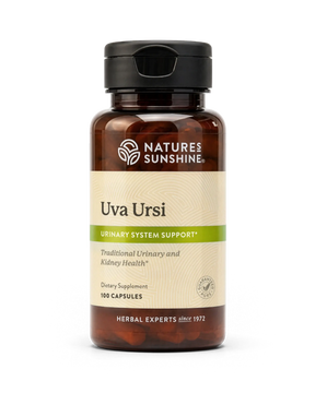 A bottle of Nature's Sunshine Uva Ursi dietary supplement with a black cap and amber brown bottle, containing 100 capsules, on a white background.