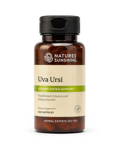A bottle of Nature's Sunshine Uva Ursi dietary supplement with a black cap and amber brown bottle, containing 100 capsules, on a white background.