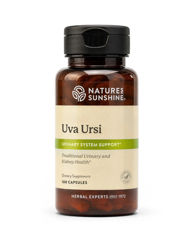 A bottle of Nature's Sunshine Uva Ursi dietary supplement with a black cap and amber brown bottle, containing 100 capsules, on a white background.