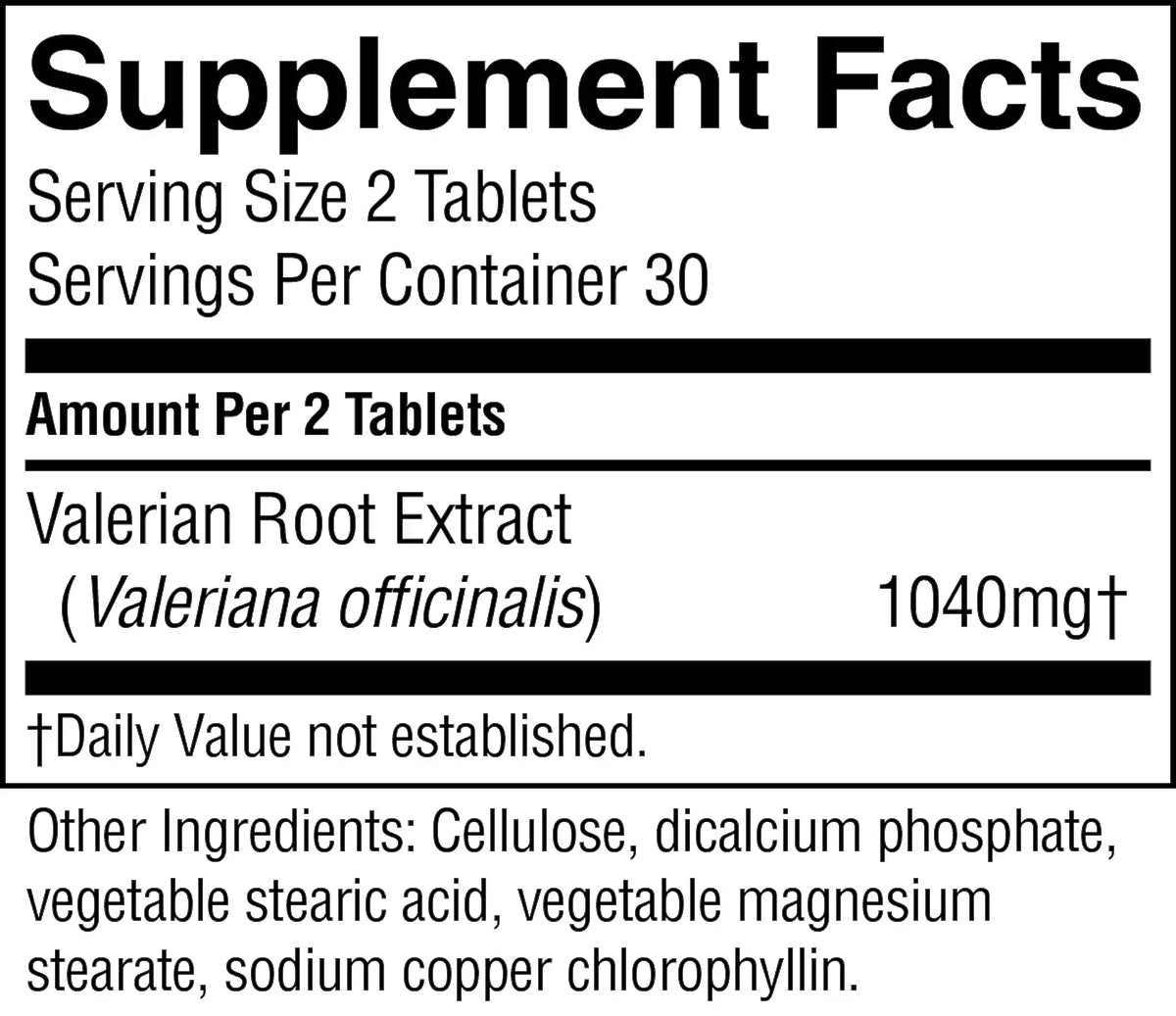 A close-up of a supplement facts label showing Valerian Root Extract, 1040mg, with serving size 2 tablets and other ingredients listed below on a white background.