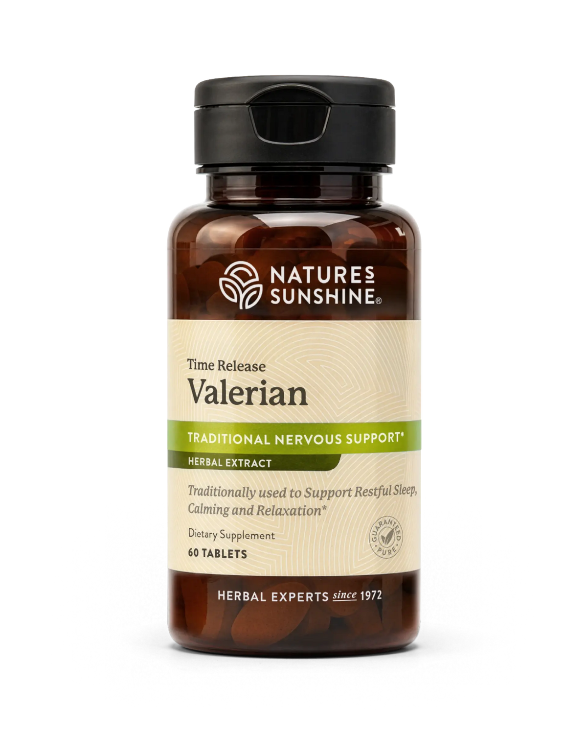 Nature's Sunshine Valerian herbal supplement bottle with a black cap and amber-brown translucent container, shown on a clean white background.