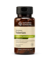 Nature's Sunshine Valerian herbal supplement bottle with a black cap and amber-brown translucent container, shown on a clean white background.