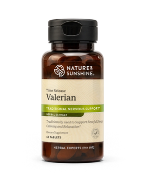 Nature's Sunshine Valerian herbal supplement bottle with a black cap and amber-brown translucent container, shown on a clean white background.