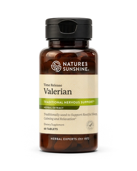 Nature's Sunshine Valerian herbal supplement bottle with a black cap and amber-brown translucent container, shown on a clean white background.