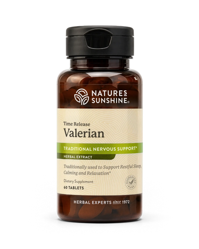 Nature's Sunshine Valerian herbal supplement bottle with a black cap and amber-brown translucent container, shown on a clean white background.