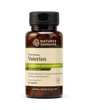 Nature's Sunshine Valerian herbal supplement bottle with a black cap and amber-brown translucent container, shown on a clean white background.
