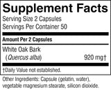 A close-up of a supplement facts label for White Oak Bark (Quercus alba) capsules, showing serving size, servings per container, amount per 2 capsules, and other ingredients listed at the bottom.