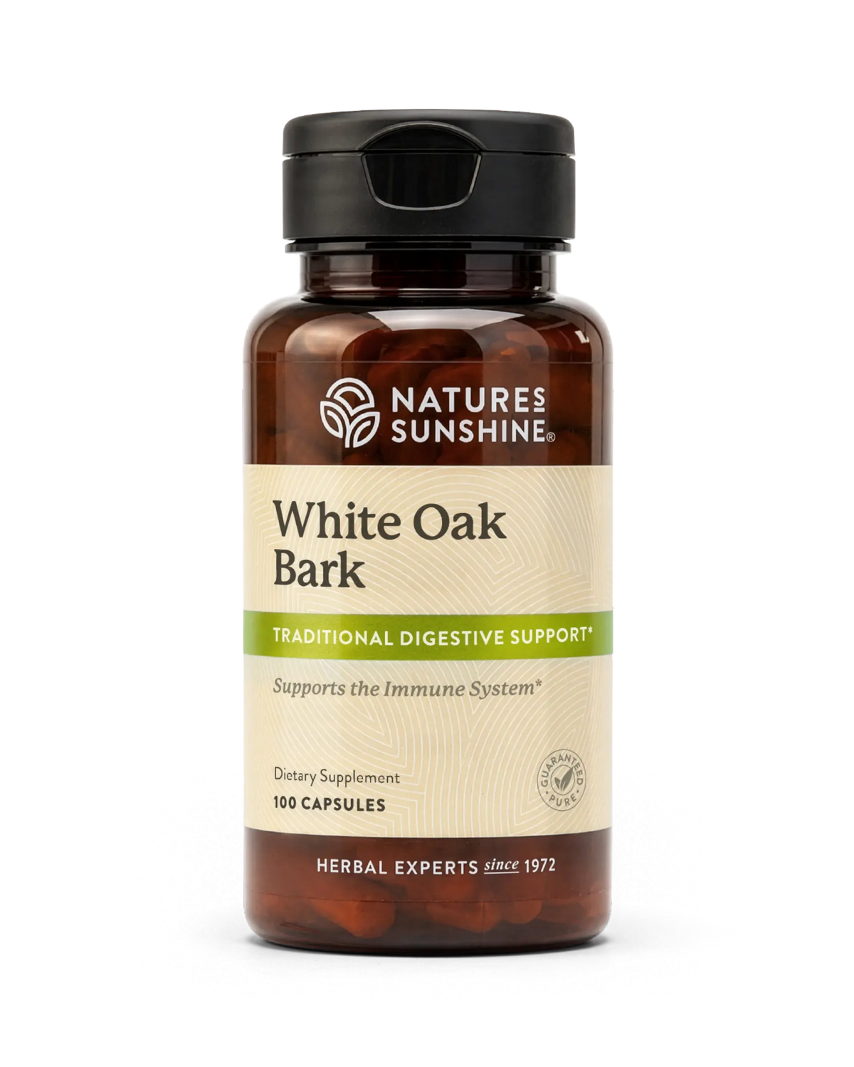 A bottle of Nature's Sunshine White Oak Bark dietary supplement, containing 100 capsules, on a clean white background.