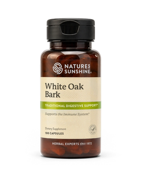 A bottle of Nature's Sunshine White Oak Bark dietary supplement, containing 100 capsules, on a clean white background.