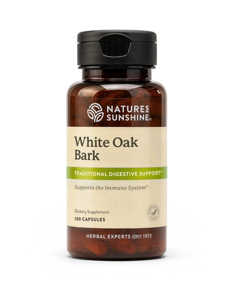 A bottle of Nature's Sunshine White Oak Bark dietary supplement, containing 100 capsules, on a clean white background.
