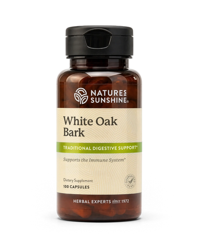 A bottle of Nature's Sunshine White Oak Bark dietary supplement, containing 100 capsules, on a clean white background.