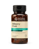 Nature's Sunshine Bilberry Fruit dietary supplement bottle with amber brown plastic and a black cap, on a clean white background.