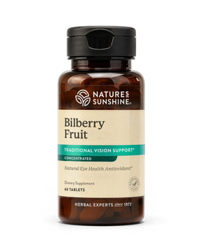 Nature's Sunshine Bilberry Fruit dietary supplement bottle with amber brown plastic and a black cap, on a clean white background.