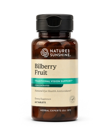 Nature's Sunshine Bilberry Fruit dietary supplement bottle with amber brown plastic and a black cap, on a clean white background.