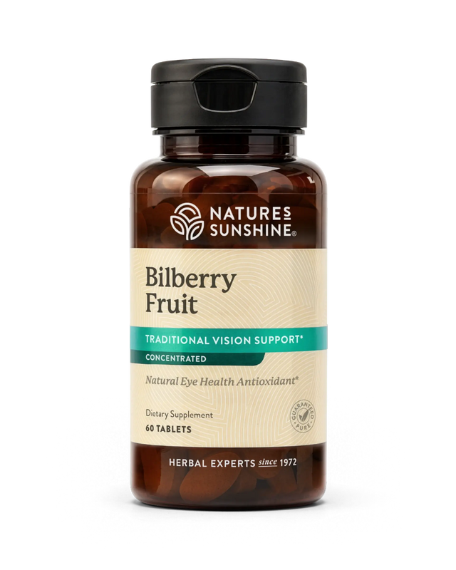 Nature's Sunshine Bilberry Fruit dietary supplement bottle with amber brown plastic and a black cap, on a clean white background.