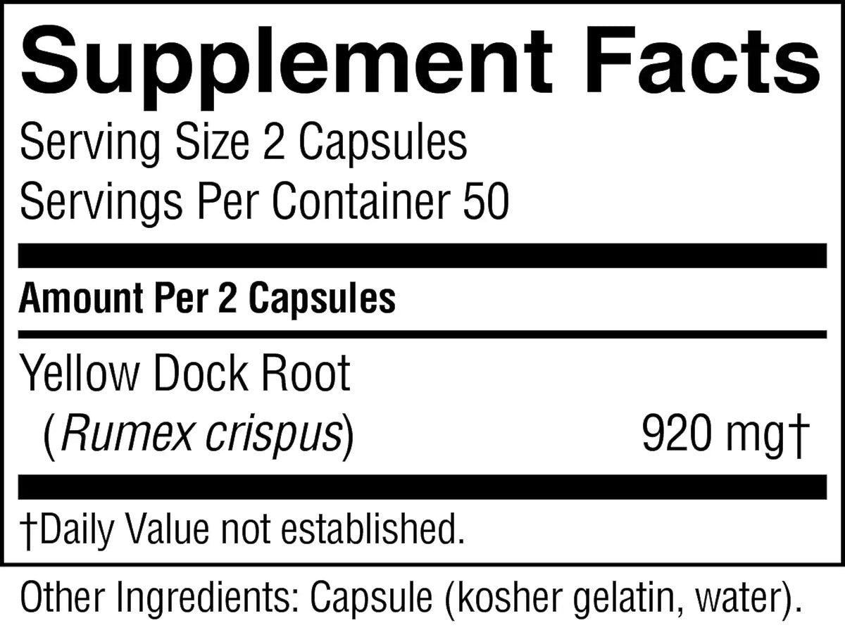 A close-up of a supplement facts label showing serving size 2 capsules, servings per container 50, and yellow dock root (Rumex crispus) 920 mg, with capsule listed as kosher gelatin, water.