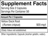 A close-up of a supplement facts label showing serving size 2 capsules, servings per container 50, and yellow dock root (Rumex crispus) 920 mg, with capsule listed as kosher gelatin, water.