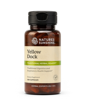 A bottle of Nature's Sunshine Yellow Dock dietary supplement with a black cap and a beige label, shown on a plain white background.