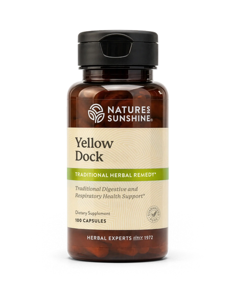 A bottle of Nature's Sunshine Yellow Dock dietary supplement with a black cap and a beige label, shown on a plain white background.