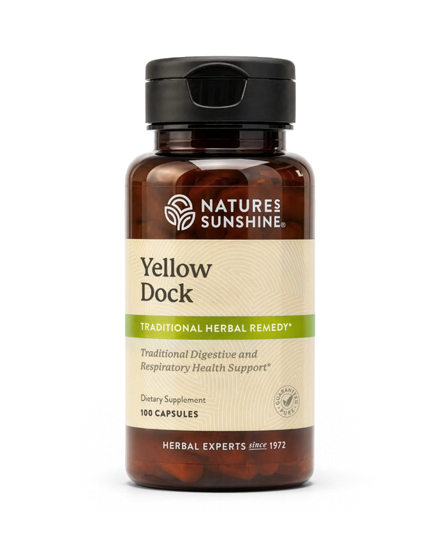 A bottle of Nature's Sunshine Yellow Dock dietary supplement with a black cap and a beige label, shown on a plain white background.