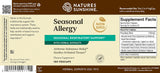 Natures Sunshine Seasonal Allergy supplement label showing product details, ingredients, and serving facts on a beige background with green and blue accents.