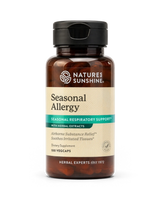 Nature's Sunshine Seasonal Allergy dietary supplement bottle with herbal extracts, containing 100 vegcaps, on a white background.