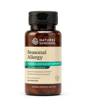 Nature's Sunshine Seasonal Allergy dietary supplement bottle with herbal extracts, containing 100 vegcaps, on a white background.