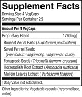 A black-and-white Supplement Facts label showing serving size 4 VegCaps, servings per container 25, and a proprietary blend of 1760mg with listed ingredients including boneset aerial parts, sweet fennel seeds, fenugreek seeds, horseradish root extract, and mullein leaves extract.