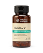 A bottle of Nature's Sunshine HistaBlock dietary supplement with a black cap and amber-brown bottle, featuring a beige and teal label, on a white background.
