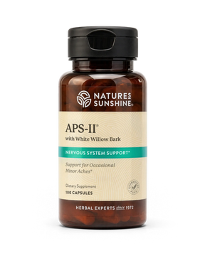 A bottle of Nature's Sunshine APS-II with White Willow Bark dietary supplement, containing 100 capsules, on a clean white background.