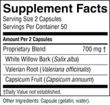 A black and white Supplement Facts label showing a proprietary blend of 700 mg, with listed ingredients including White Willow Bark, Valerian Root, and Capsicum Fruit.