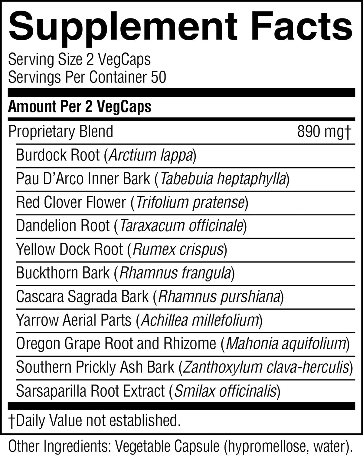 A Supplement Facts label showing a list of herbal supplement ingredients under 'Proprietary Blend' with serving size 2 VegCaps and 50 servings per container.