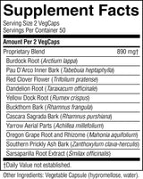 A Supplement Facts label showing a list of herbal supplement ingredients under 'Proprietary Blend' with serving size 2 VegCaps and 50 servings per container.